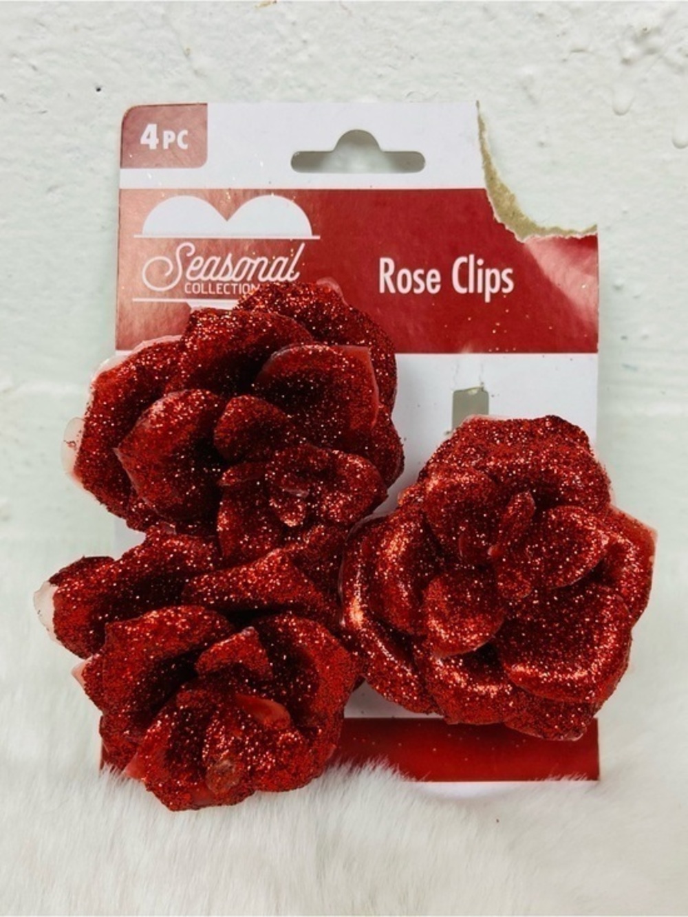Seasonal Collection Red Glitter Rose hair Clips - Set of 3
